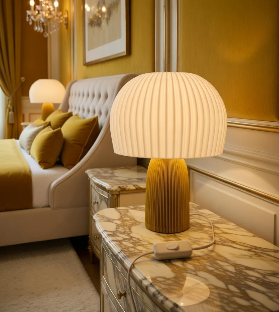 Veioză Ciupercă Aurie Plisată, PLA Gold 24K, cablu 3m cu întrerupător, LED E14 inclus