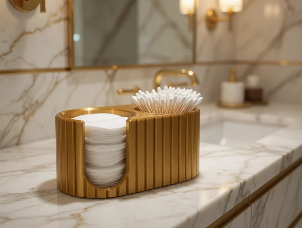 Organizator Baie Dischete Demachiante și Bețișoare de Urechi, Auriu 24K, Imprimat 3D PLA Biodegradabil