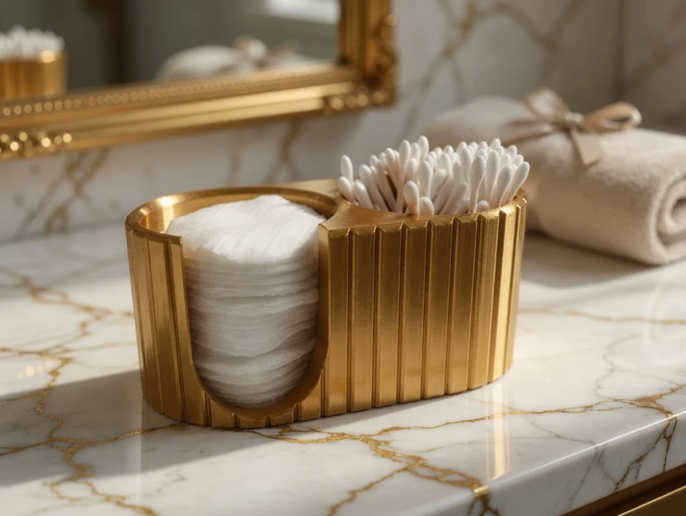 Organizator Baie Dischete Demachiante și Bețișoare de Urechi, Auriu 24K, Imprimat 3D PLA Biodegradabil