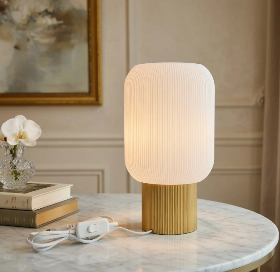 Veioză Kit DIY Imprimată 3D PLA, Model Cilindric Striatii Verticale + Cablu cu Întrerupător & Soclu E27