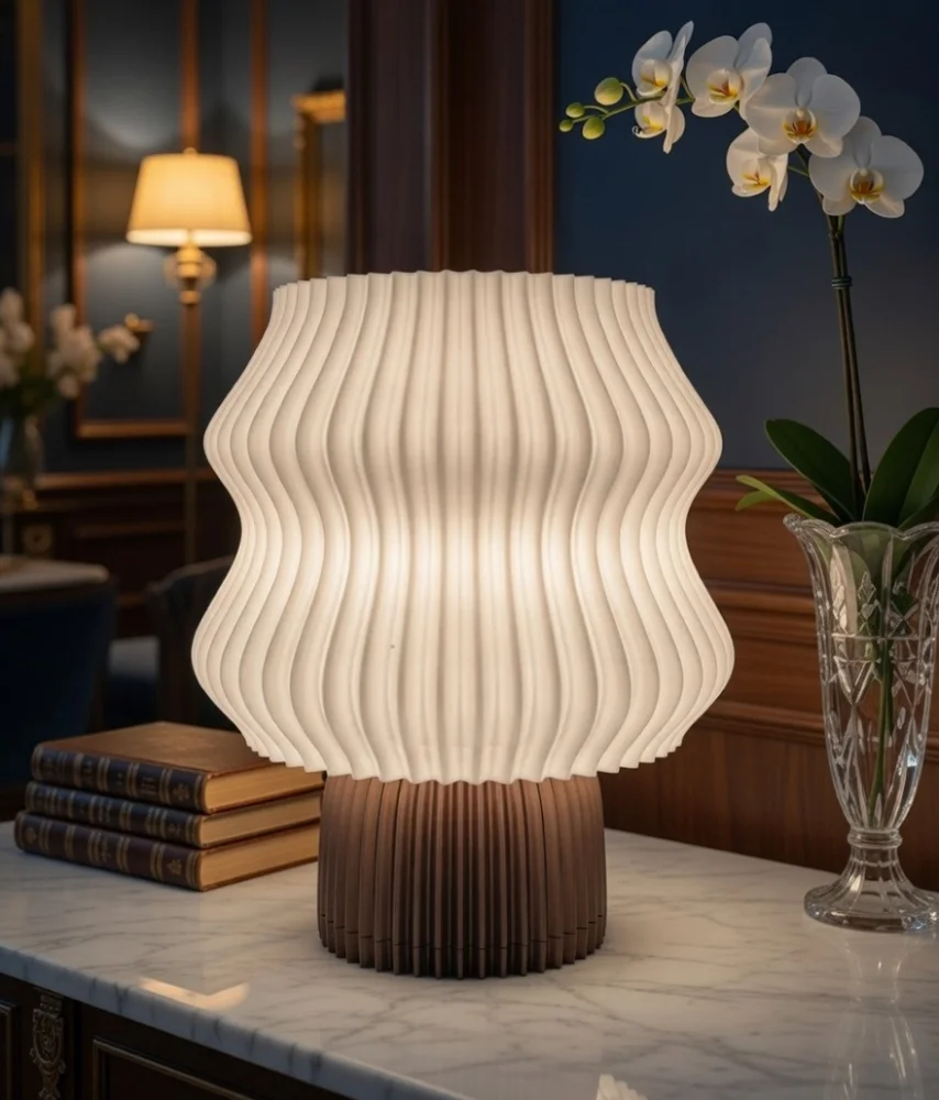 Veioză Sculpturală 3D Print - Model Ondulat Alb Premium, Bază PLA Dark Copper, Fir 3m și Întrerupător